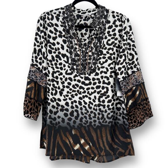 John Mark Mixed Media Animal Print Tunic Top Shirt Size Small Style J43547TM - Picture 1 of 9